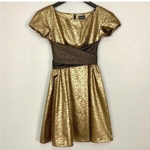 Lowie Midi Gold Metallic Embroider Scalloped polkadot Bow Flare Dress